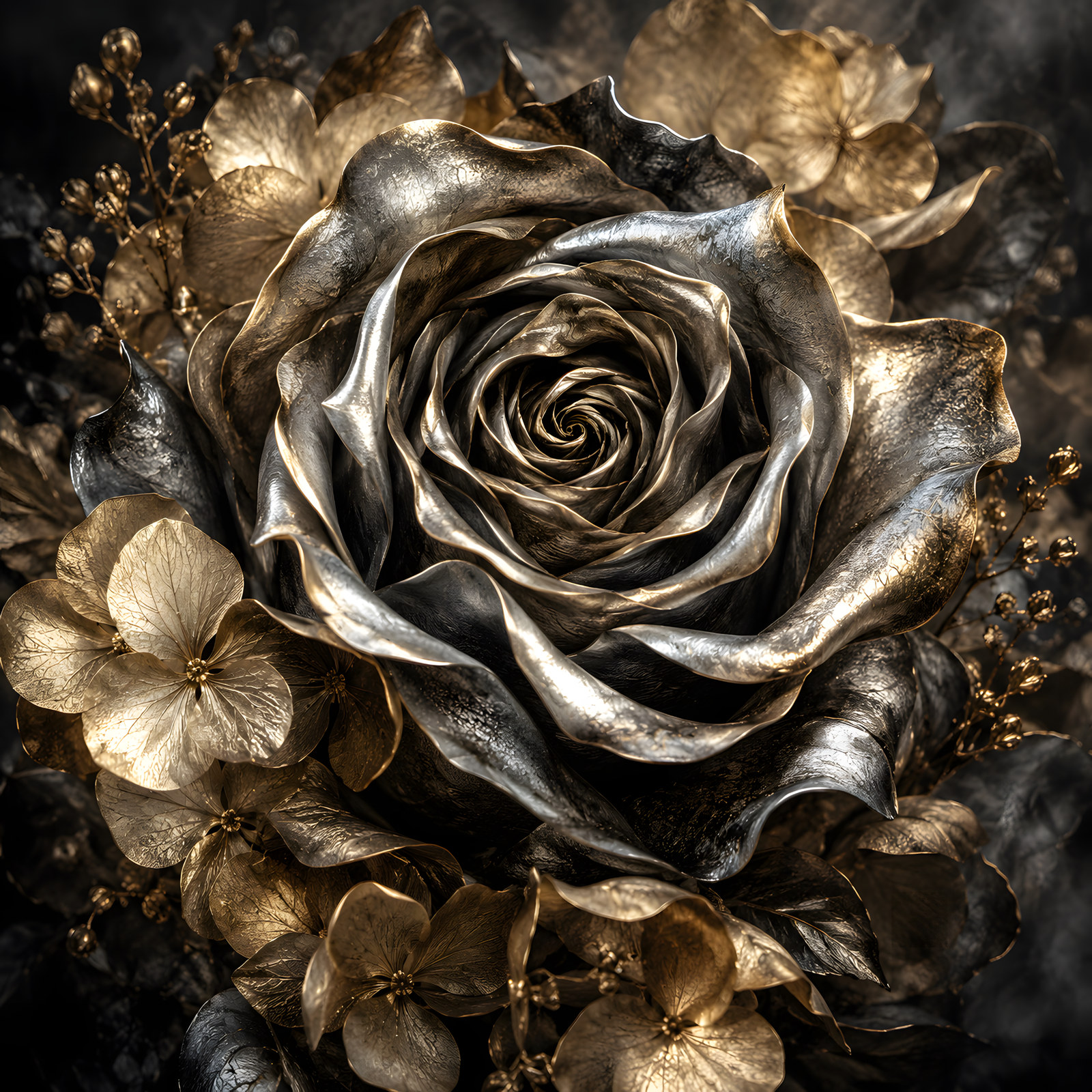Overthinking: a sculptural metallic flower with textured silver and gold petals spiralling tightly inwards, surrounded by smaller flowers against a dark background.
